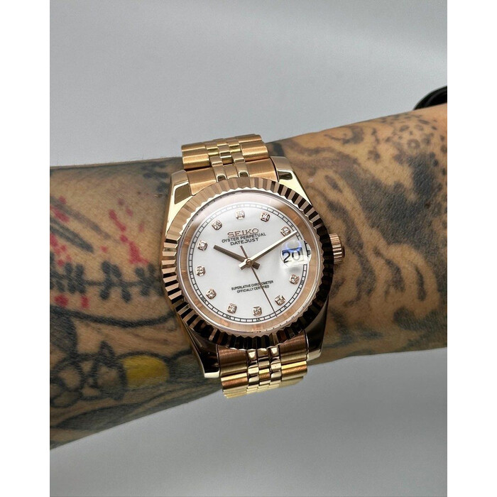 Custom Seiko Mod • Rose Gold Glossy White Diamond DateJust • 39mm